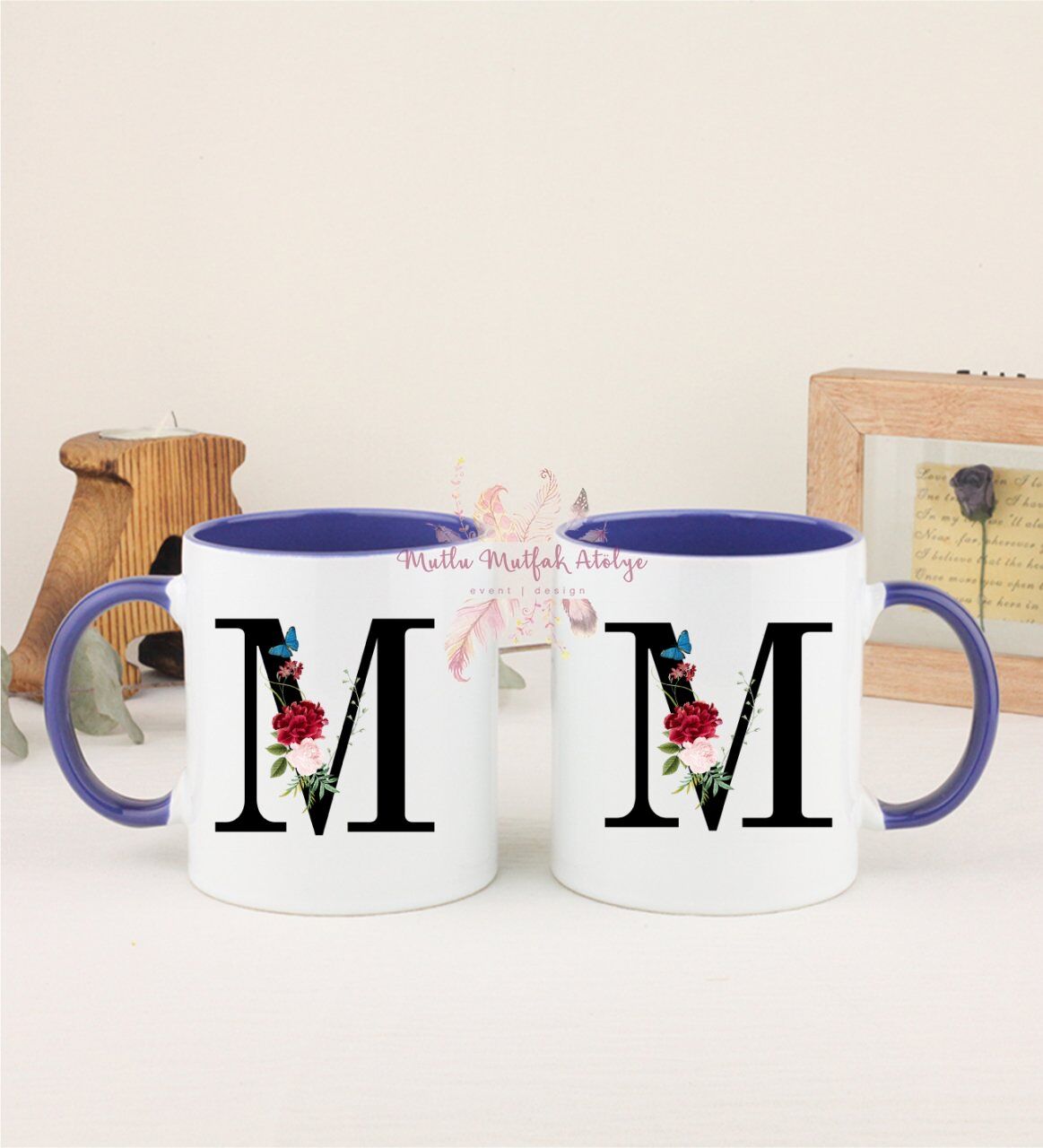 M Harfi Çiçek Desenli İkili Lacivert Kupa Bardak