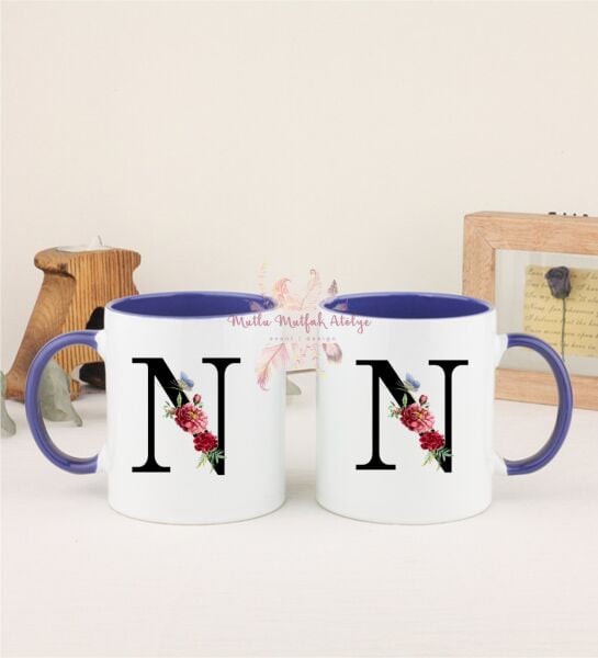 N Harfi Çiçek Desenli İkili Lacivert Kupa Bardak