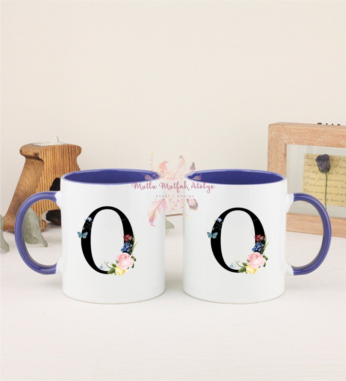 O Harfi Çiçek Desenli İkili Lacivert Kupa Bardak