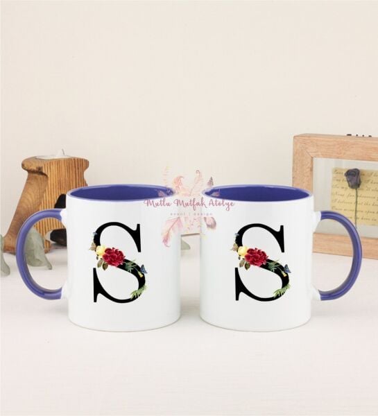 S Harfi Çiçek Desenli İkili Lacivert Kupa Bardak