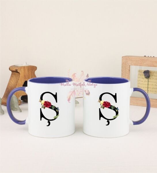 Ş Harfi Çiçek Desenli İkili Lacivert Kupa Bardak