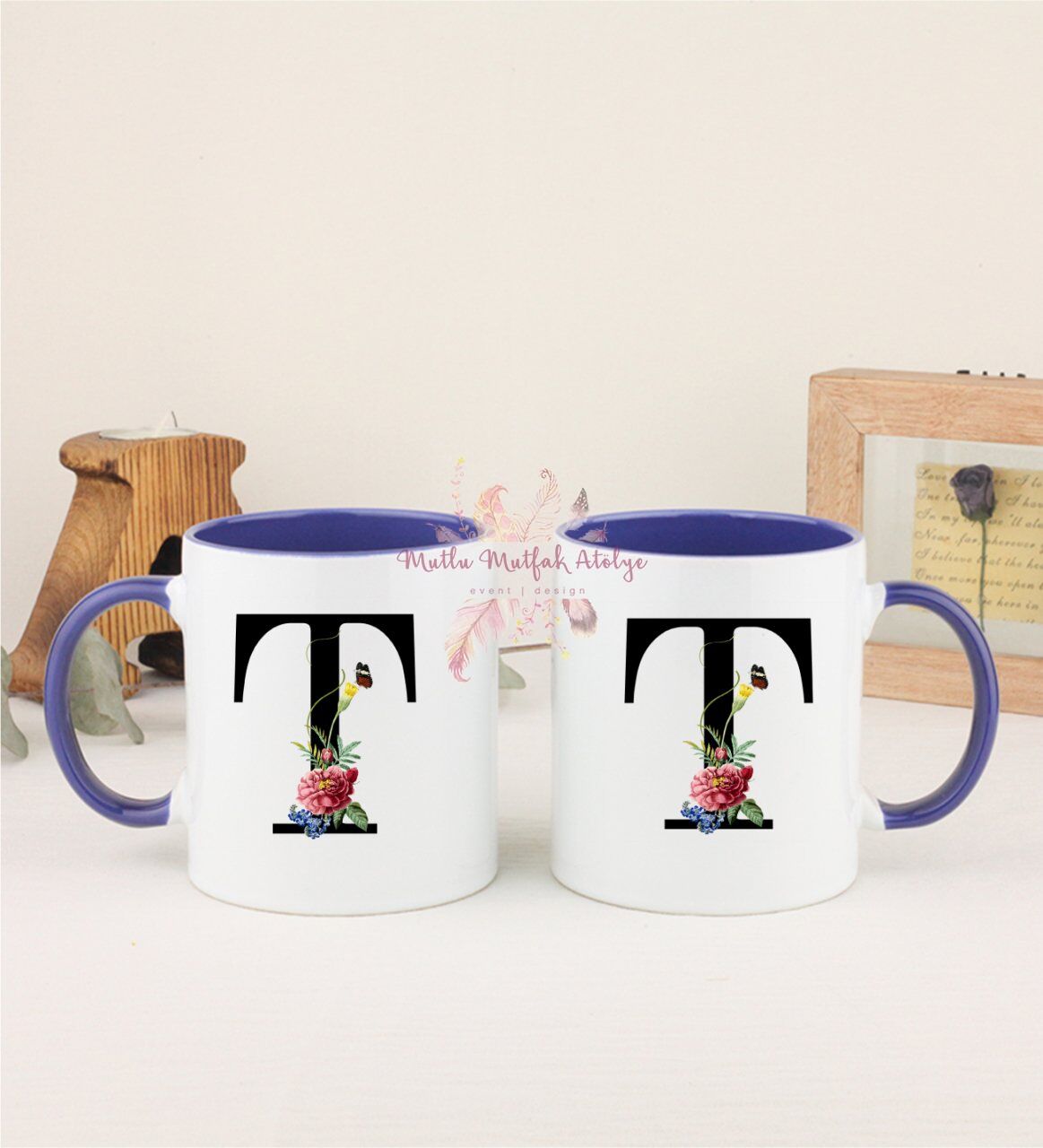 T Harfi Çiçek Desenli İkili Lacivert Kupa Bardak