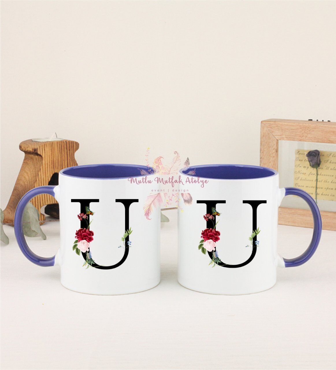 U Harfi Çiçek Desenli İkili Lacivert Kupa Bardak
