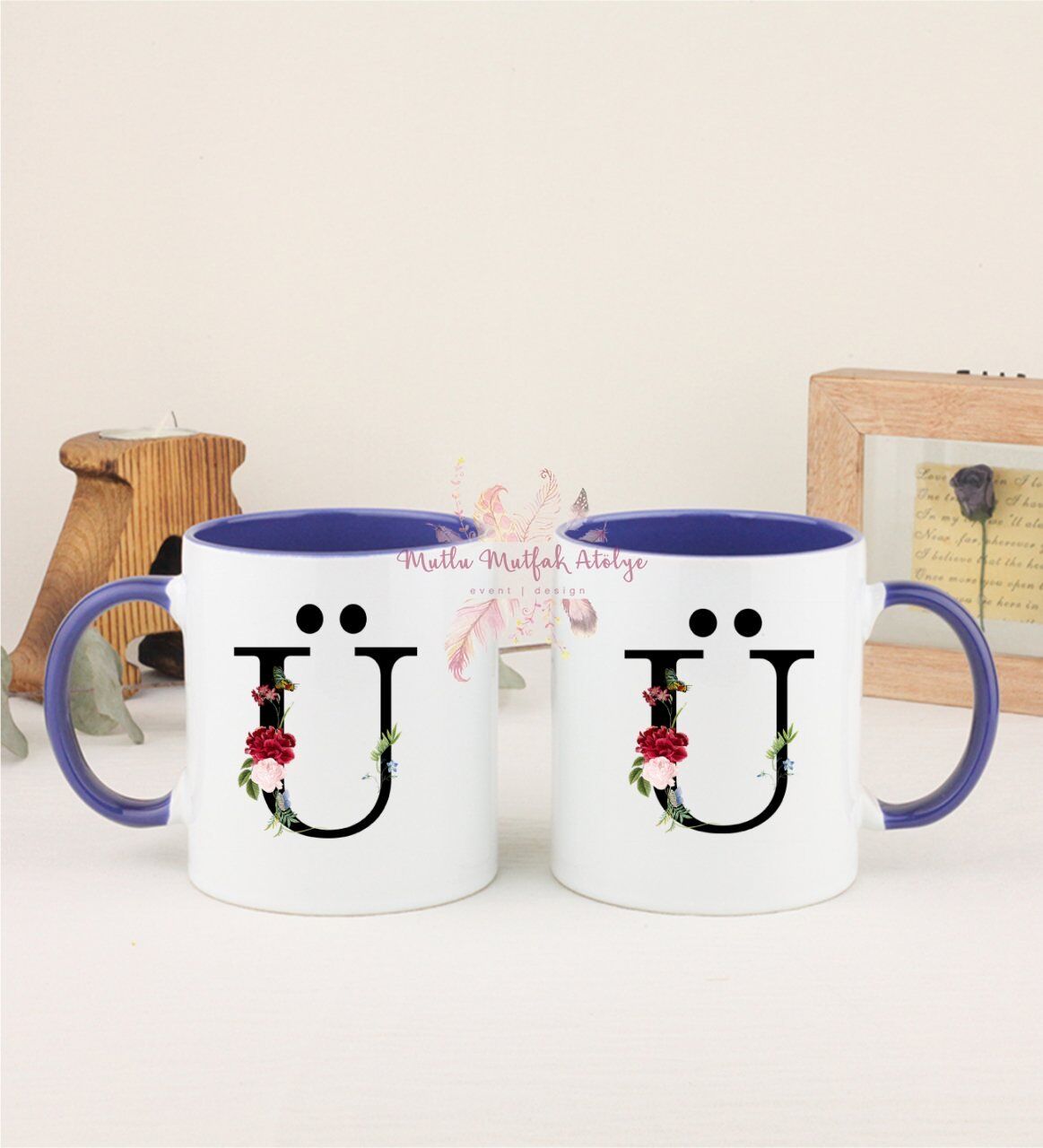 Ü Harfi Çiçek Desenli İkili Lacivert Kupa Bardak