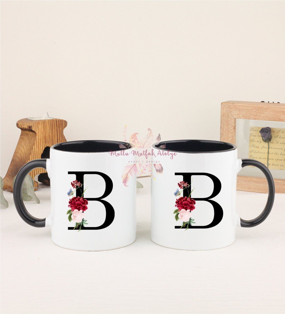 B Harfi Çiçek Desenliİkili Siyah Kupa Bardak