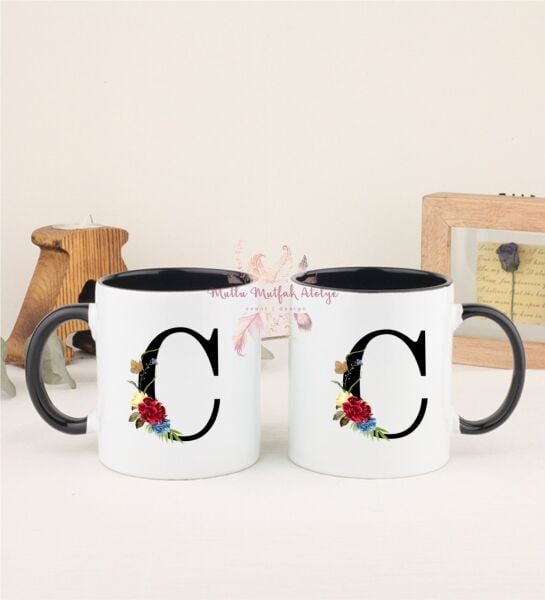 C Harfi Çiçek Desenliİkili Siyah Kupa Bardak