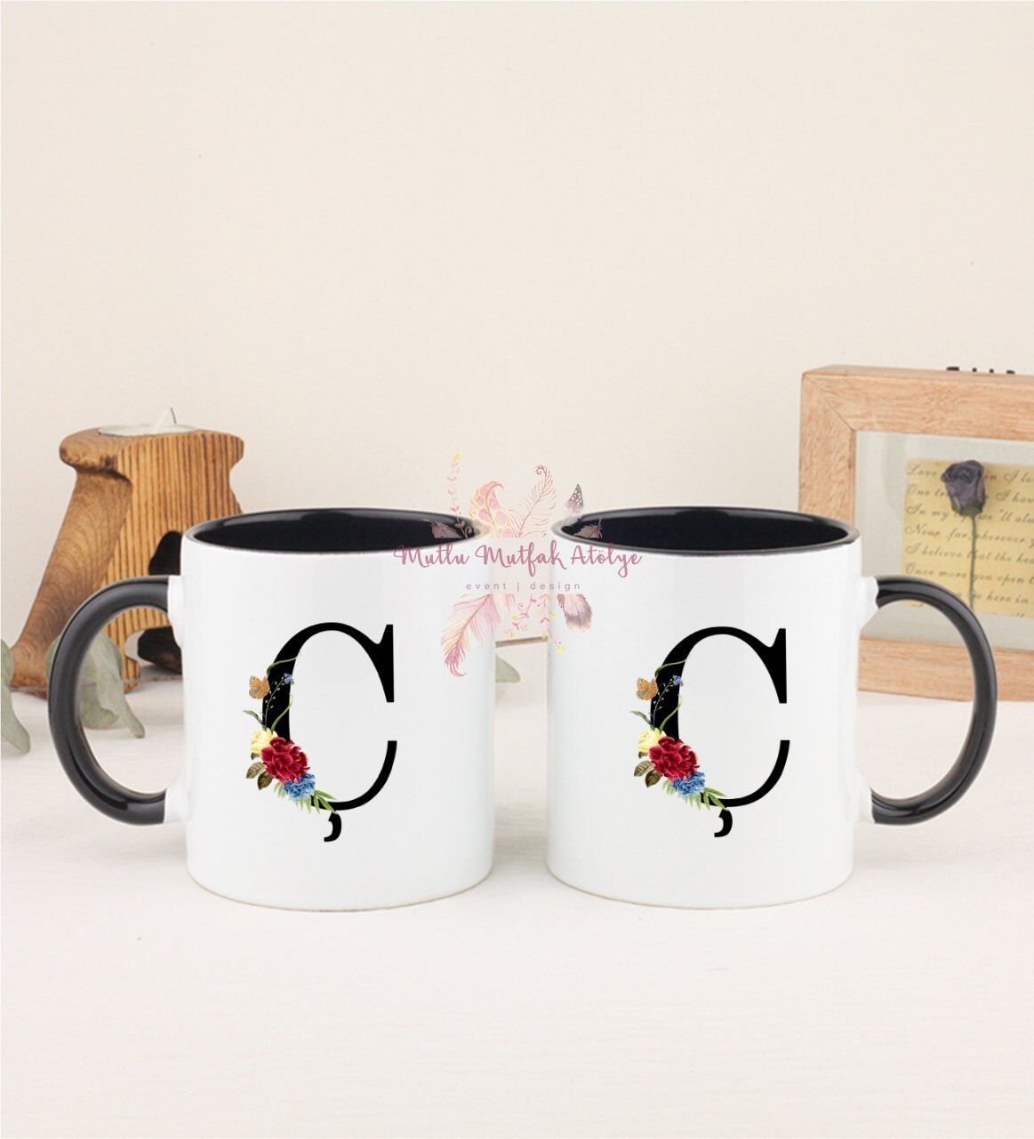 Ç Harfi Çiçek Desenli İkili Siyah Kupa Bardak