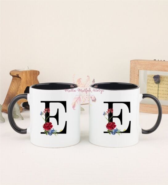 E Harfi Çiçek Desenli İkili Siyah Kupa Bardak