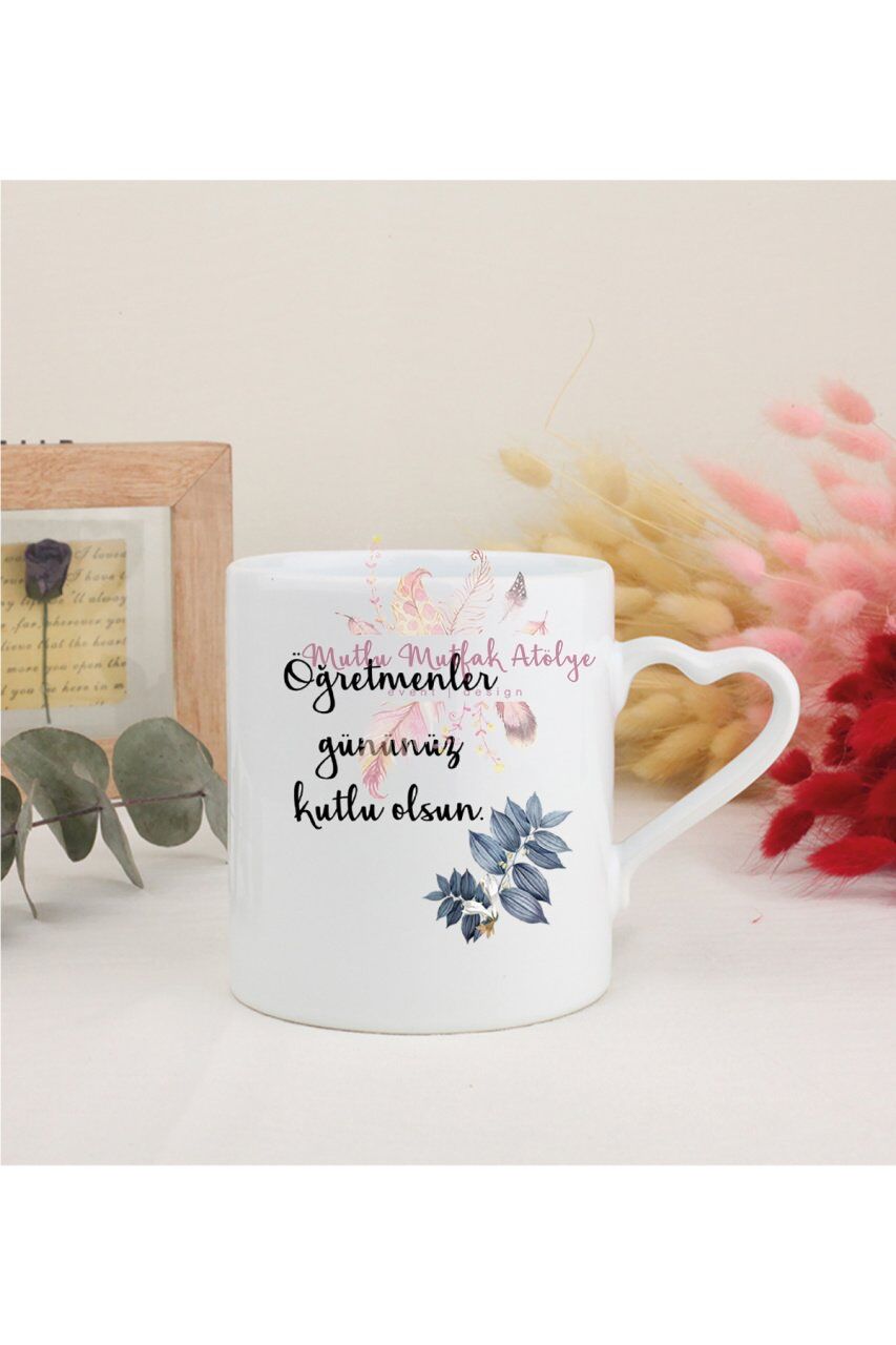 Öğretmenler Günü Hediyesi  Beyaz Kalpli Kupa Bardak