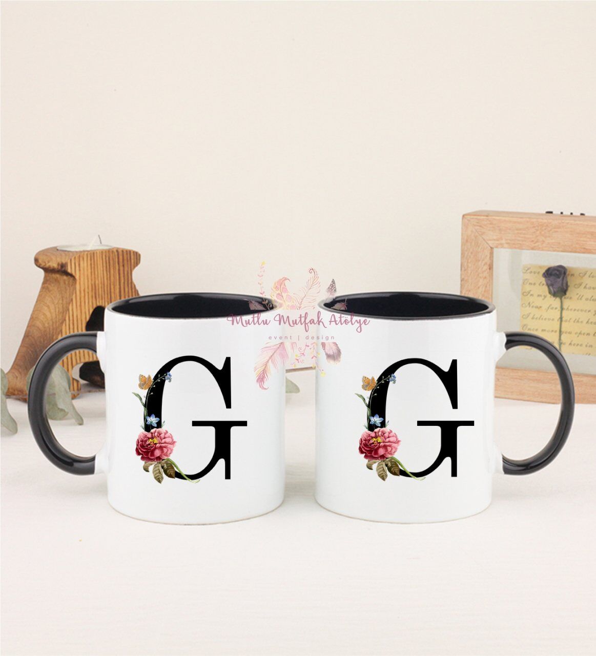 F Harfi Çiçek Desenli İkili Siyah Kupa Bardak