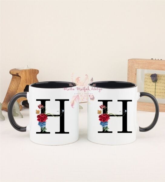 H Harfi Çiçek Desenli İkili Siyah Kupa Bardak