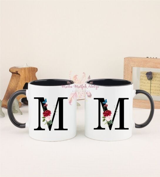 M Harfi Çiçek Desenli İkili Siyah Kupa Bardak