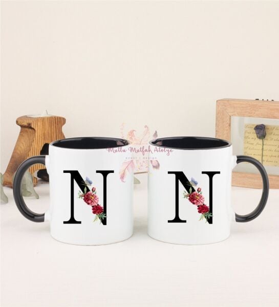 N Harfi Çiçek Desenli İkili Siyah Kupa Bardak