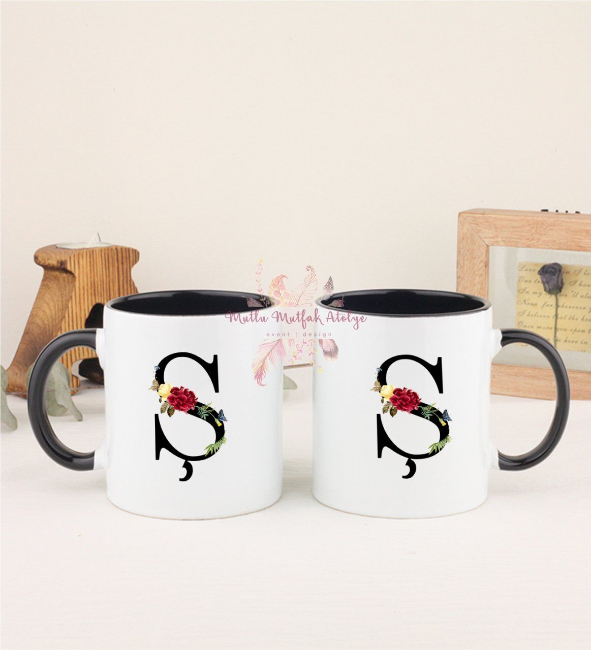 Ş Harfi Çiçek Desenli İkili Siyah Kupa Bardak