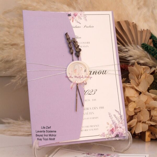 Lavanta Süslemeli Mühürlü Davetiye (50 Ad.)