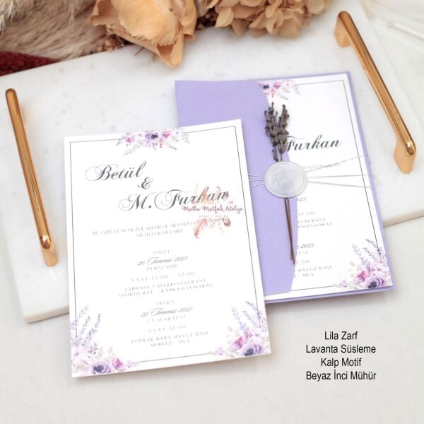 Lavanta Süslemeli Mühürlü Davetiye (50 Ad.)