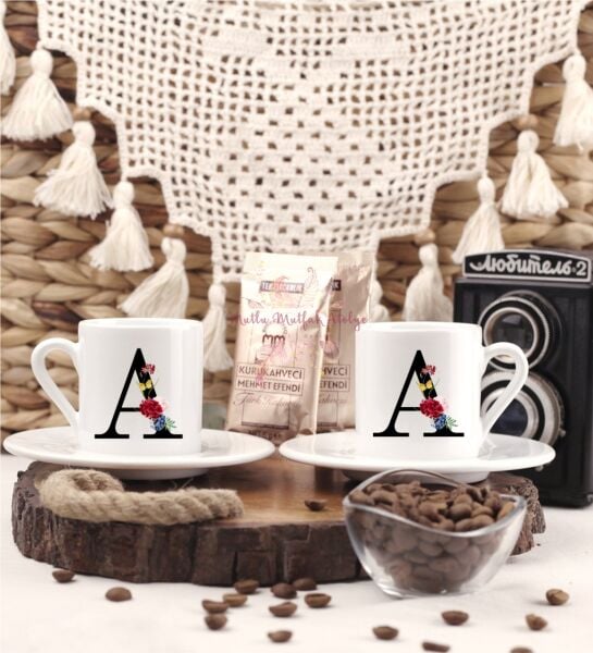A Harfi Çiçek Desenliİkili Türk Kahvesi Fincanı