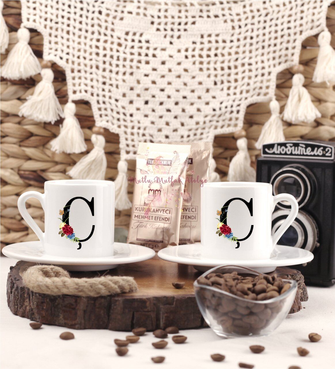 Ç Harfi Çiçek Desenli İkili Türk Kahvesi Fincanı