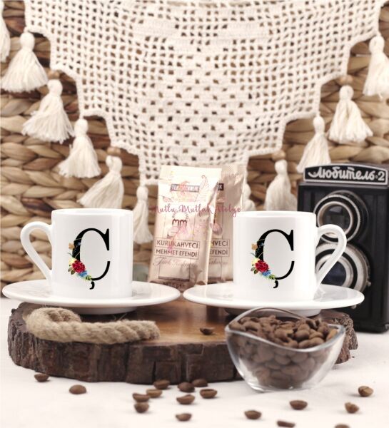 Ç Harfi Çiçek Desenli İkili Türk Kahvesi Fincanı