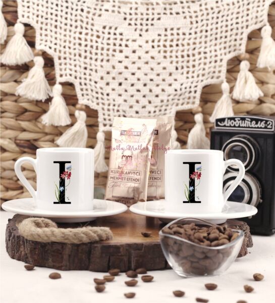 I Harfi Çiçek Desenli İkili Türk Kahvesi Fincanı