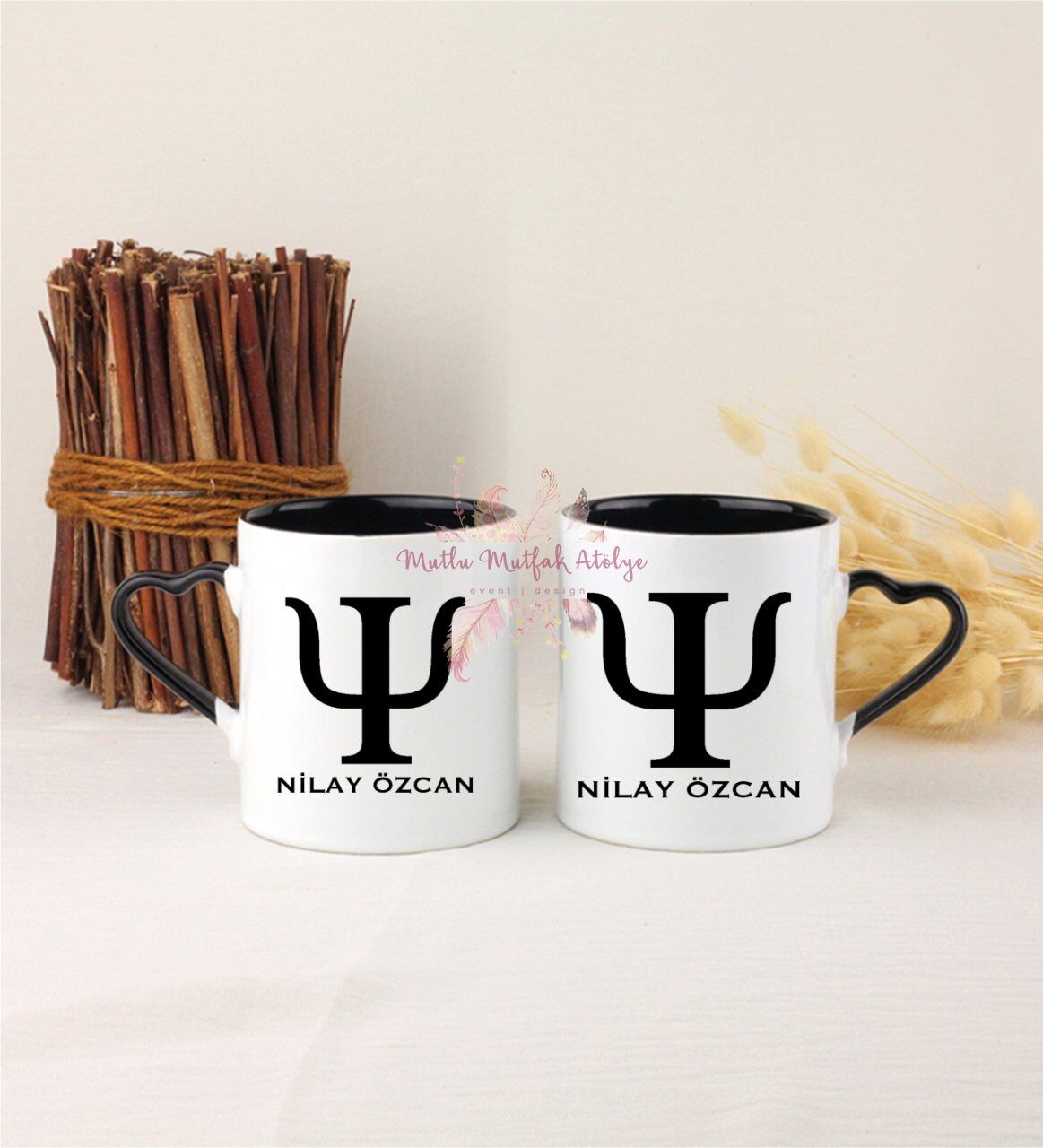 Kişiye Özel Psikolog İkili Siyah Kalpli Kupa Bardak