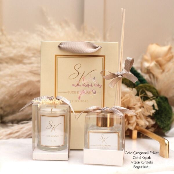 Hediyelik Yükseltili Çiçekli  Mum, Oda Kokusu ve Baskılı Karton Çanta Seti