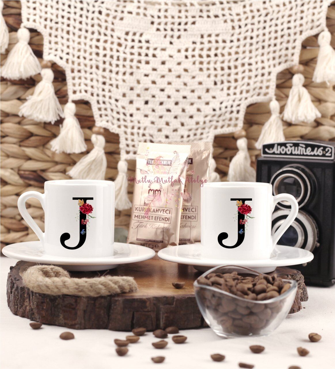 J Harfi Çiçek Desenli İkili Türk Kahvesi Fincanı