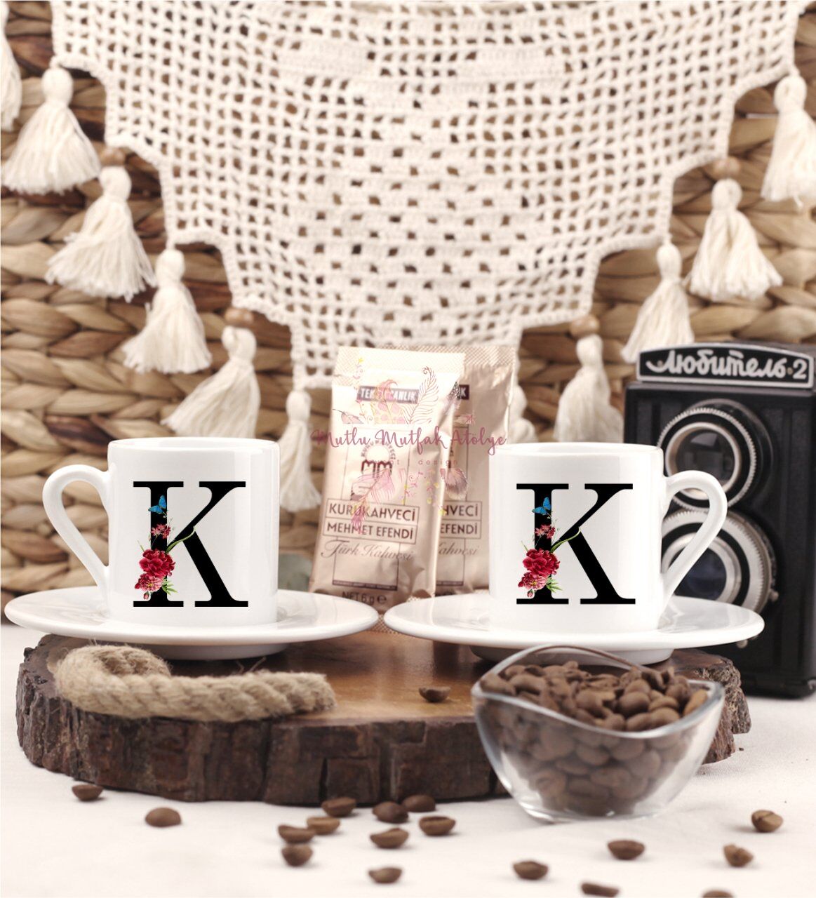 K Harfi Çiçek Desenli İkili Türk Kahvesi Fincanı