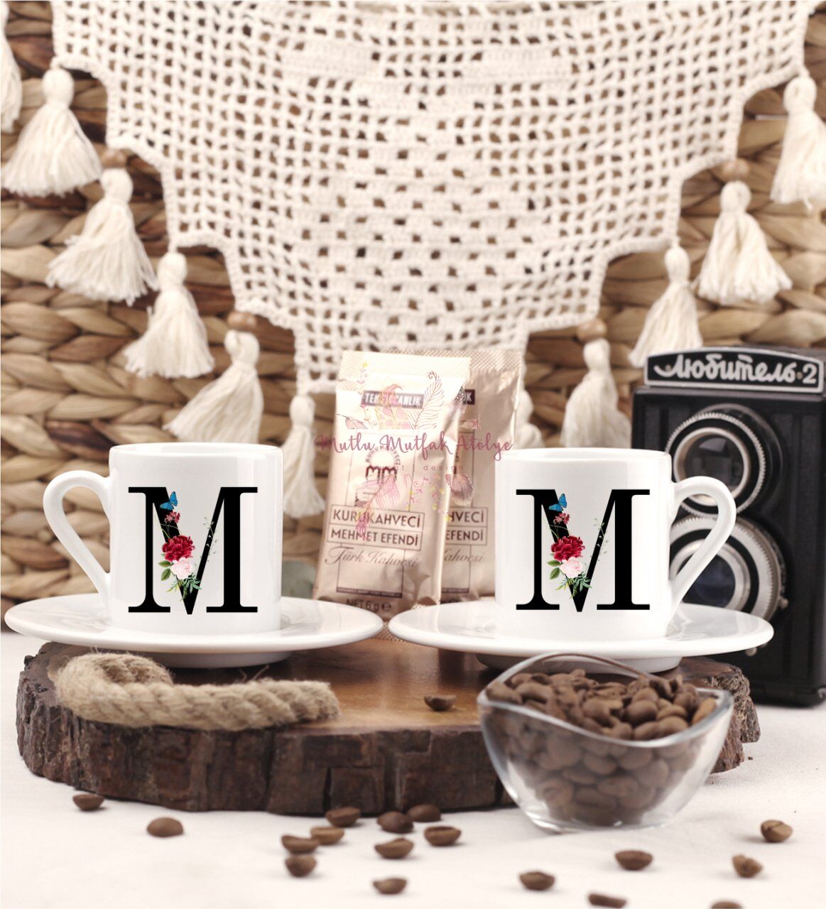 M Harfi Çiçek Desenli İkili Türk Kahvesi Fincanı