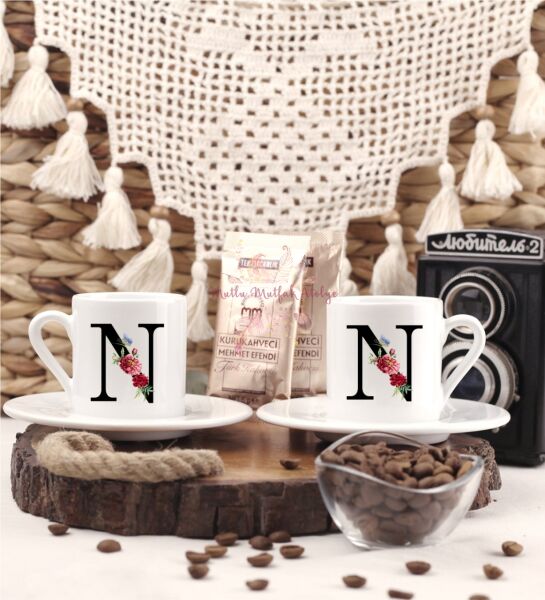 N Harfi Çiçek Desenli İkili Türk Kahvesi Fincanı