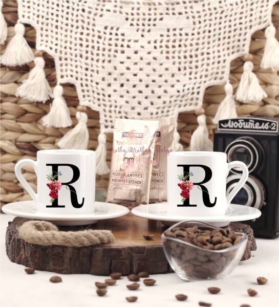 R Harfi Çiçek Desenli İkili Türk Kahvesi Fincanı