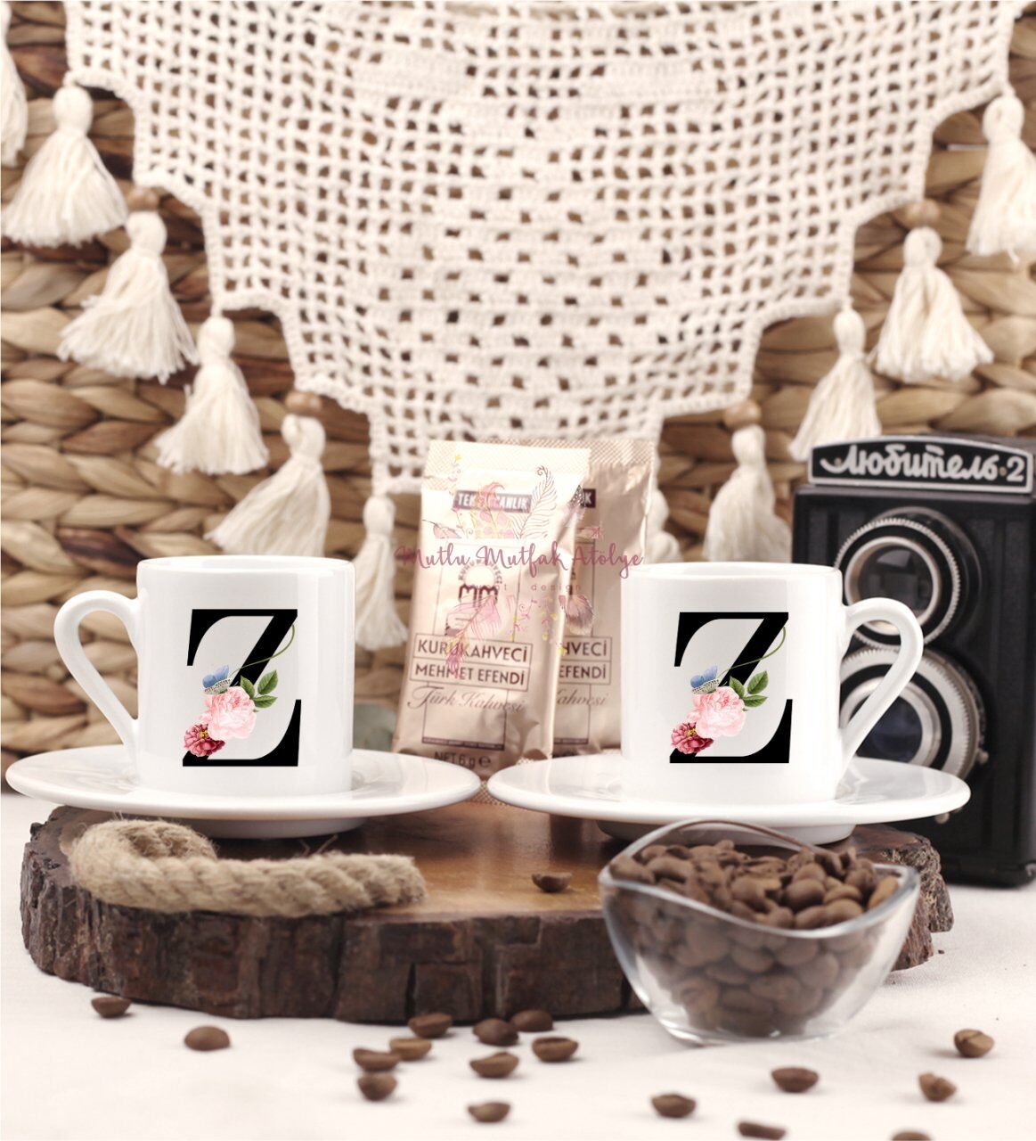 Z Harfi Çiçek Desenli İkili Türk Kahvesi Fincanı