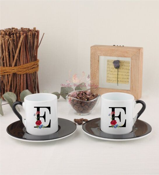 E Harfi Çiçek Desenli İkili Siyahlı Türk Kahvesi Fincanı