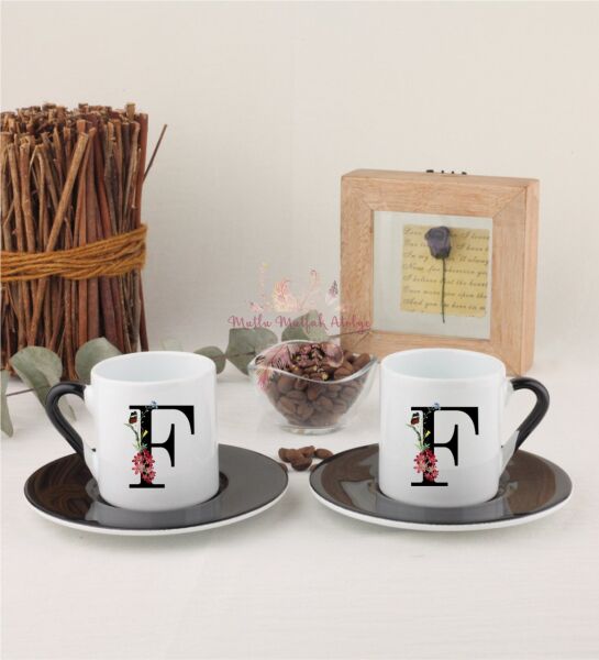 F Harfi Çiçek Desenli İkili Siyahlı Türk Kahvesi Fincanı