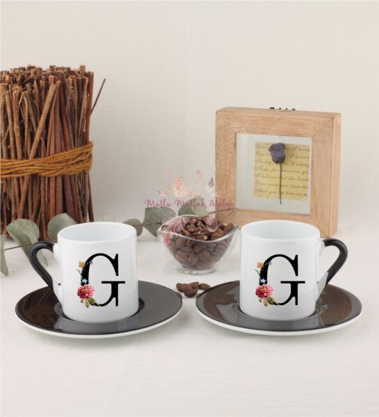 F Harfi Çiçek Desenli İkili Siyahlı Türk Kahvesi Fincanı