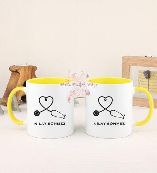 Kişiye Özel Hemşire İkili Sarı Kupa Bardak