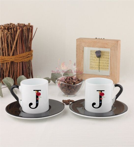 J Harfi Çiçek Desenli İkili Siyahlı Türk Kahvesi Fincanı