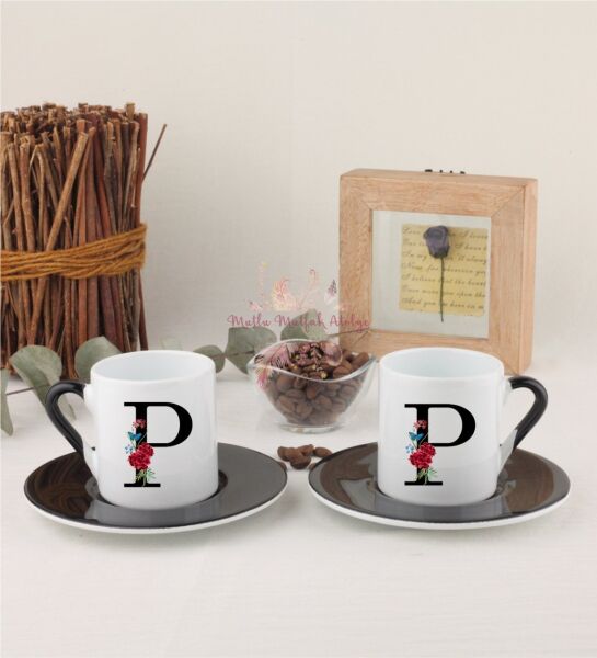 P Harfi Çiçek Desenli İkili Siyahlı Türk Kahvesi Fincanı