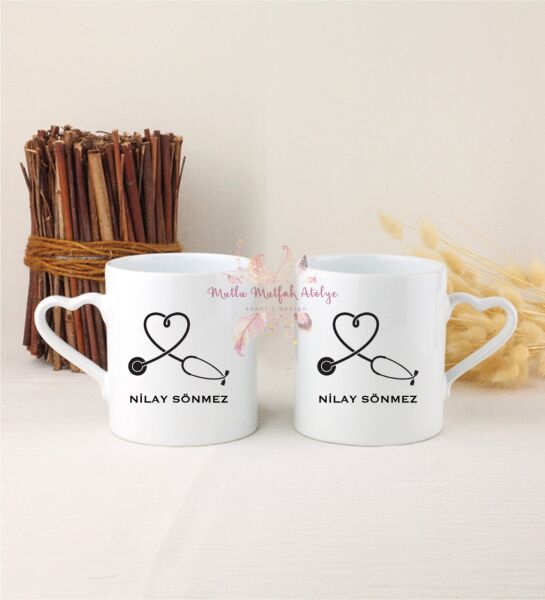 Kişiye Özel Hemşire İkili Beyaz Kalpli Kupa Bardak
