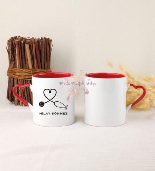 Kişiye Özel Hemşire İkili Kırmızı Kalpli Kupa Bardak