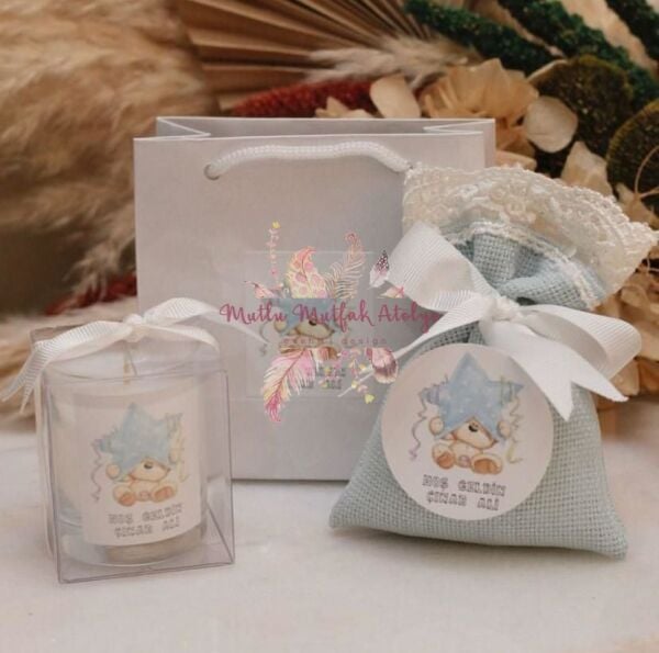 Hediyelik Kokulu Mum  Karton Çanta Seti ve Lavanta Kesesi