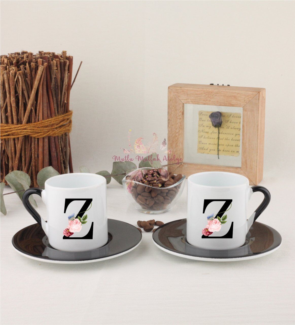 Z Harfi Çiçek Desenli İkili Siyahlı Türk Kahvesi Fincanı