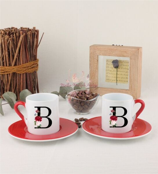 B Harfi Çiçek Desenliİkili Kırmızılı Türk Kahvesi Fincanı