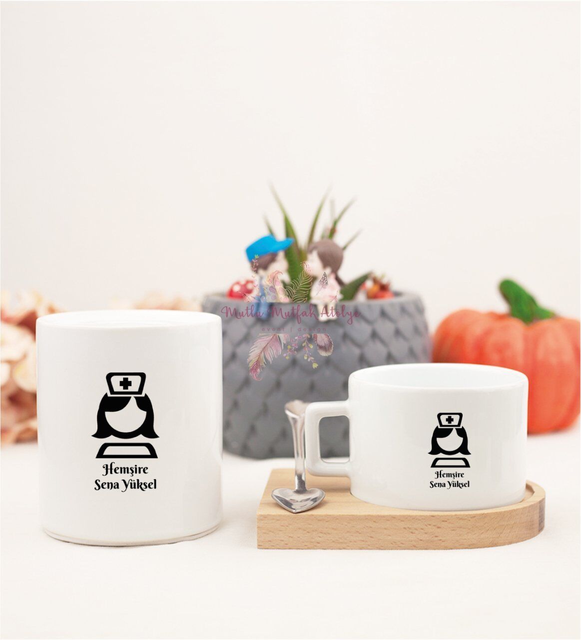 Kişiye Özel Hemşire Ahşap Altlıklı Fincan ve Kumbara