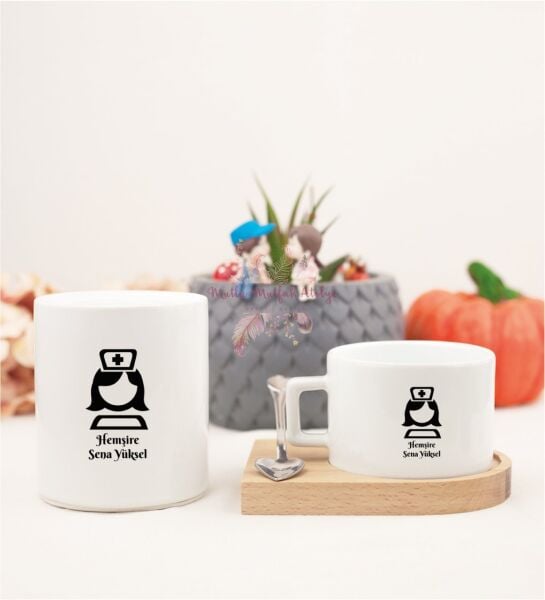 Kişiye Özel Hemşire Ahşap Altlıklı Fincan ve Kumbara