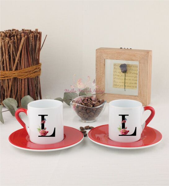 L Harfi Çiçek Desenli İkili Kırmızılı Türk Kahvesi Fincanı