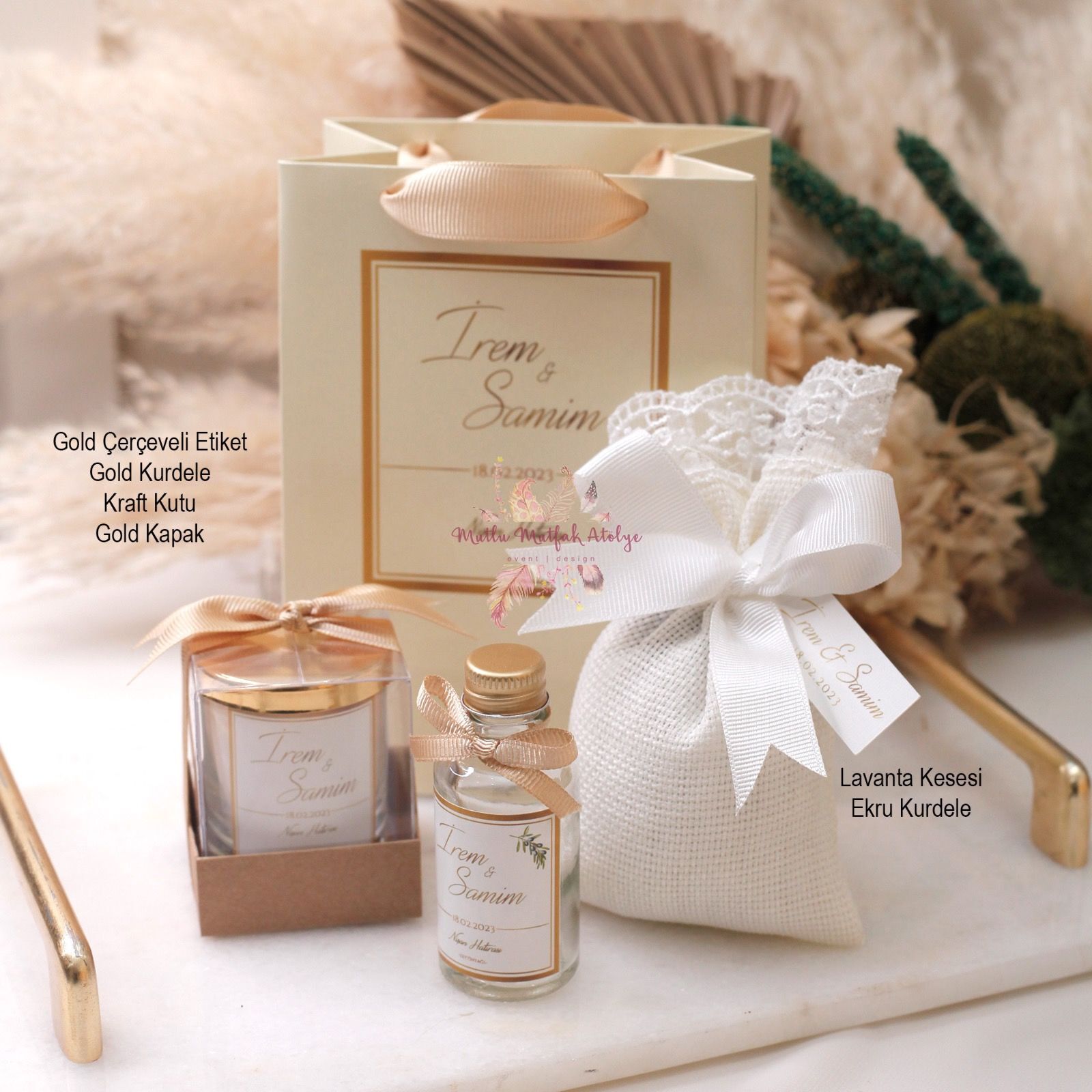 Hediyelik Kapaklı Kutulu Mum,Lavanta Kesesi,Zeytinyağı Şişesi Ve Baskılı Karton Çanta Seti