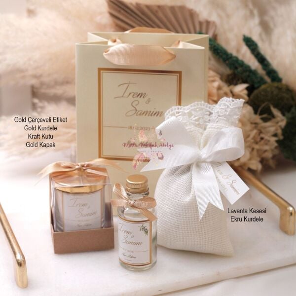 Hediyelik Kapaklı Kutulu Mum,Lavanta Kesesi,Zeytinyağı Şişesi Ve Baskılı Karton Çanta Seti