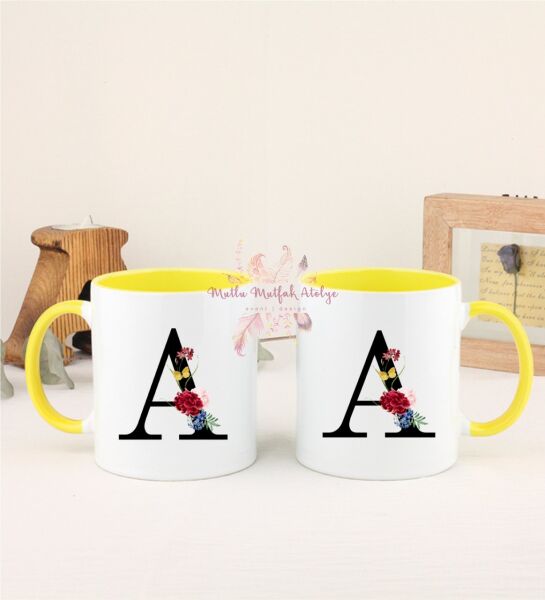 A Harfi Çiçek Desenliİkili Sarı Kupa Bardak