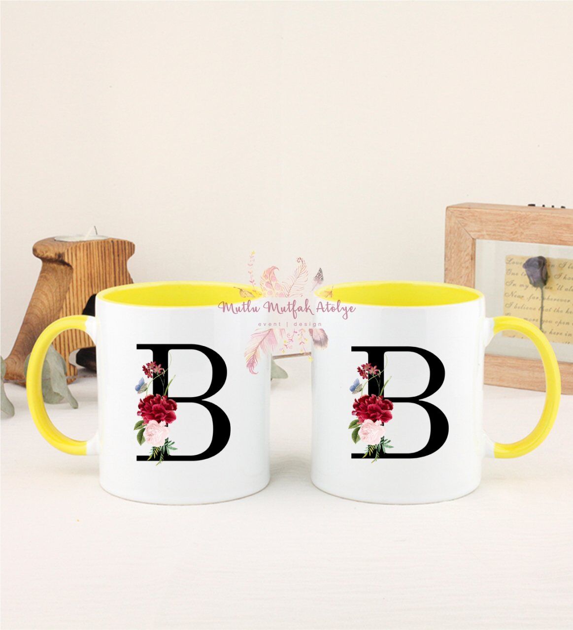 B Harfi Çiçek Desenliİkili Sarı Kupa Bardak